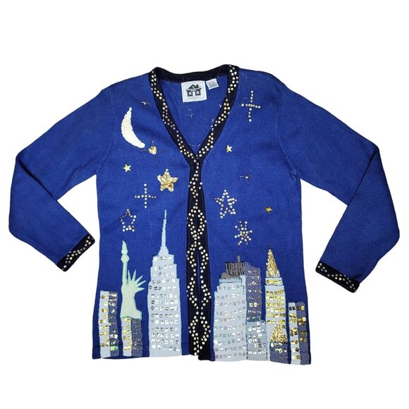 Storybook Knits New York Medium Cardigan With Sequin NYC Skyline Design & Stars - Picture 1 of 7